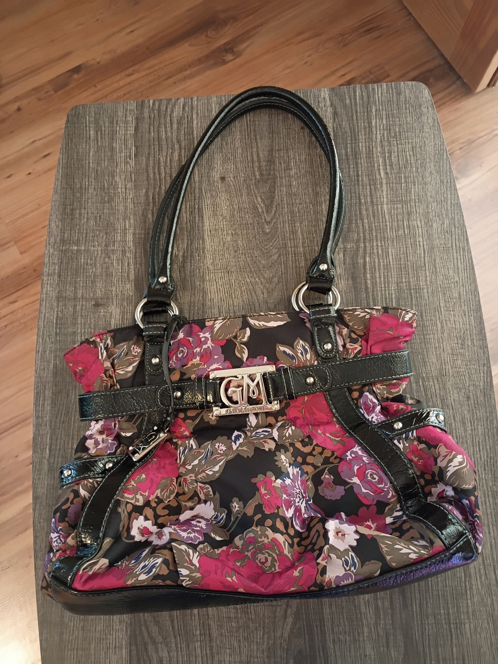 Floral Shoulder Tote with Black Patent Trim